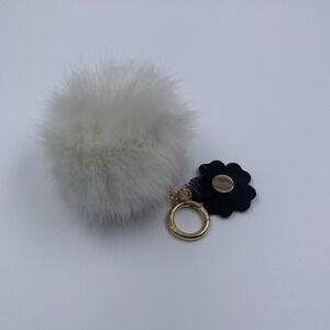 Michael Kors White Fur Pom Pom Keychain Bag Charm Gold Tone Ring Black Flower